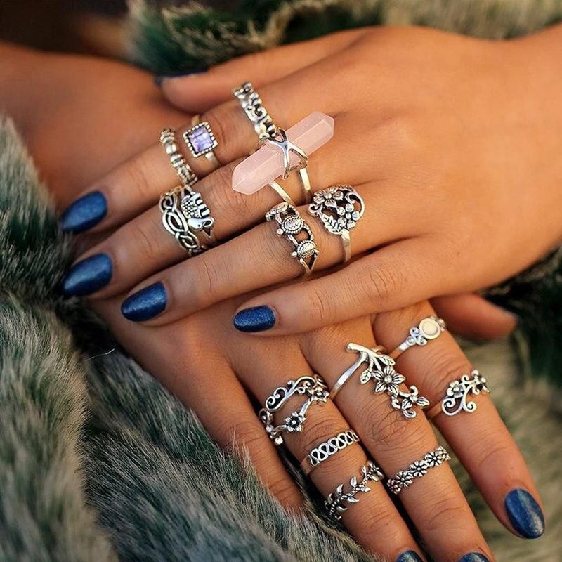 17mile 82 Pcs Vintage Silver Knuckle Rings Set for Women, Bohemian Stackable Joint Finger Rings, Retro Stone Crystal Stacking Midi Rings Pack - Image 2